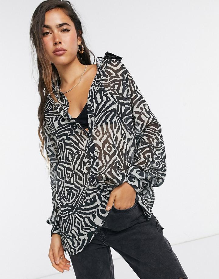 Asos Design Long Line Shirt In Mono Swirl Print-multi