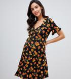 Asos Design Maternity Button Through Tea Dress With Frill Sleeve In Floral Print-multi