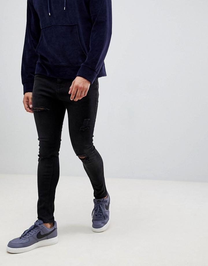 Bershka Super Skinny Jeans With Knee Rips In Black - Black