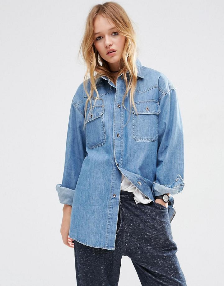 Asos Denim Boyfriend Shirt In Anouki Mid Stonewash Blue - Blue