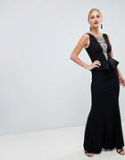 City Goddess Structured Peplum Maxi Dress With Embellished Detail-black