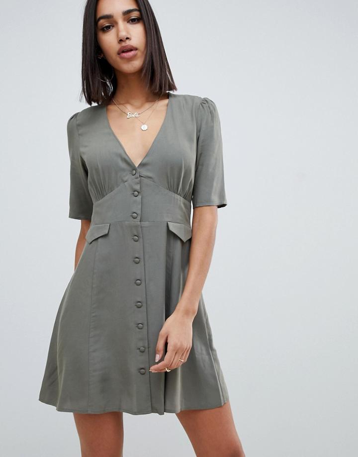 Asos Design Button Through Mini Skater Dress With Pockets-green