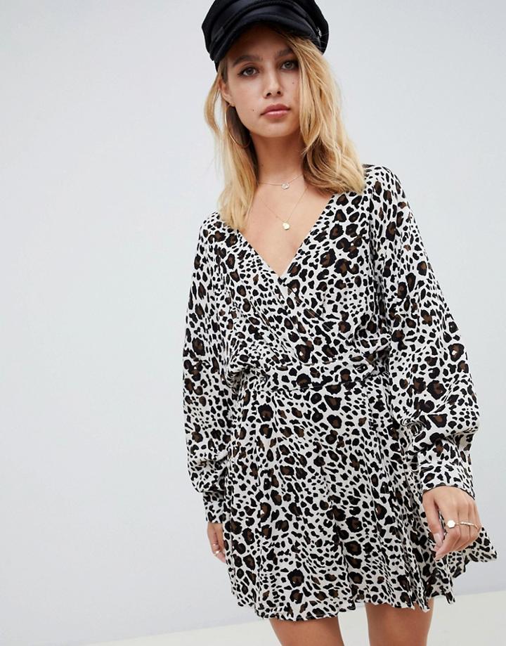 Asos Design Casual Skater Mini Dress In Leopard Print With Long Sleeves-multi