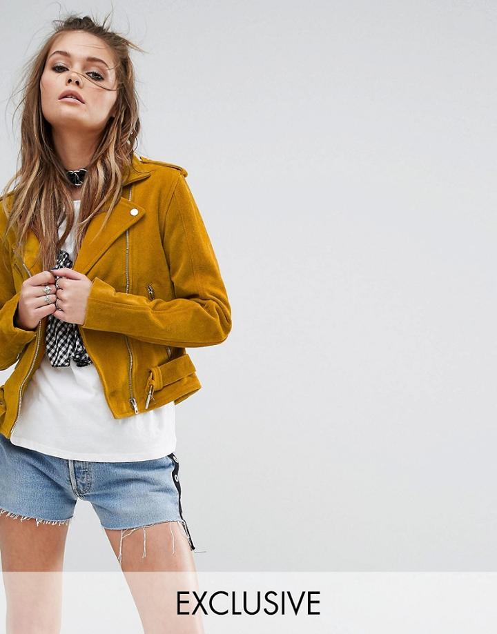 Milk It Vintage Suede Biker Jacket - Yellow
