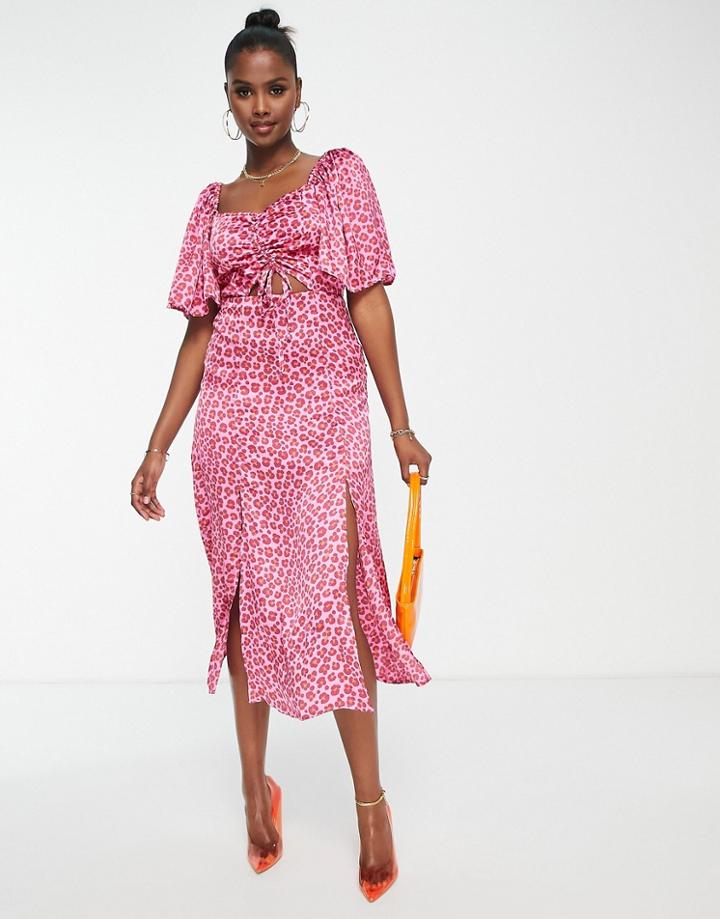 Liquorish Cut Out Detail Midi Dress In Pink Animal Print