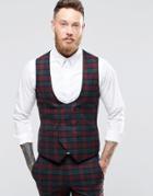Noose & Monkey Super Skinny Db Vest In Plaid With Stretch - Burgundy