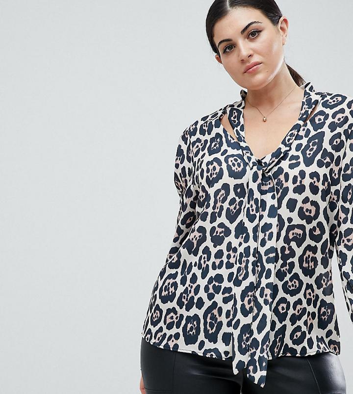 John Zack Plus Plunge Front Blouse With Neck Tie In Leopard - Multi