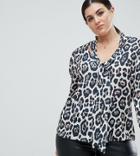 John Zack Plus Plunge Front Blouse With Neck Tie In Leopard - Multi