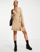 Miss Selfridge Knit Rib Wrap Mini Dress In Camel-neutral