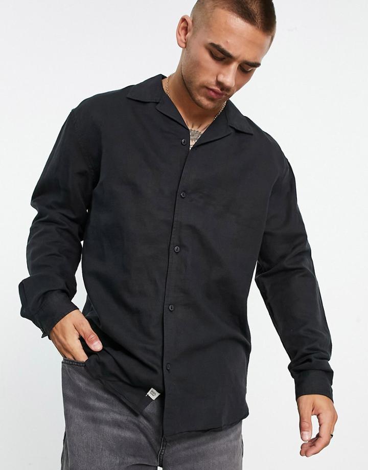 Pull & Bear Long Sleeve Linen Shirt In Black
