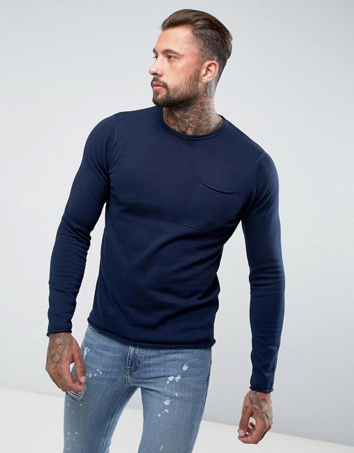 D-struct Knitwear Fine Gauge Crew Neck Knit With Pocket - Navy