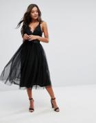Asos Premium Lace Top Tulle Midi Prom Dress With Ribbon Ties - Black