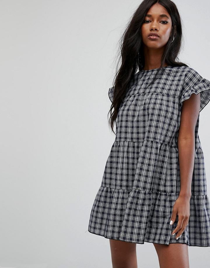 Prettylittlething Check Smock Mini Dress - Navy