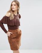 Asos Fine Sweater With Ruffle Cold Shoulder - Brown