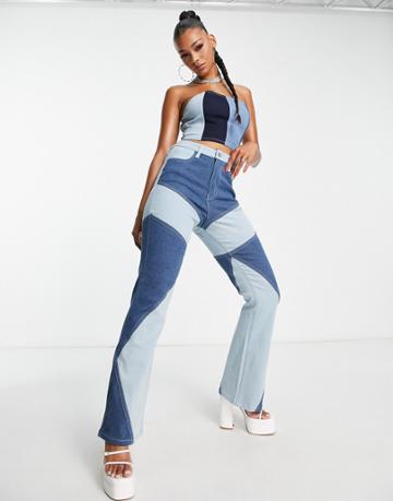 Fashionkilla Flared Jeans In Patchwork Blue-multi