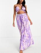 Asos Design Fuller Bust Cut Out Maxi Beach Dress In Purple Swirl Print-multi