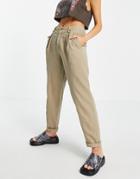 Topshop Relaxed Peg Pants With Button Tab Detailing In Stone-neutral
