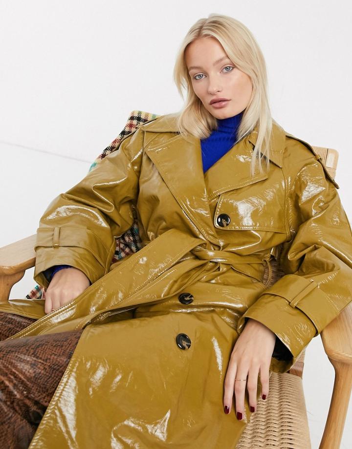 Asos Design Vinyl Trench Coat In Khaki-green