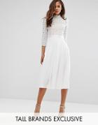 Little Mistress Tall 3/4 Sleeve Lace Top Pleated Midi Dress - White