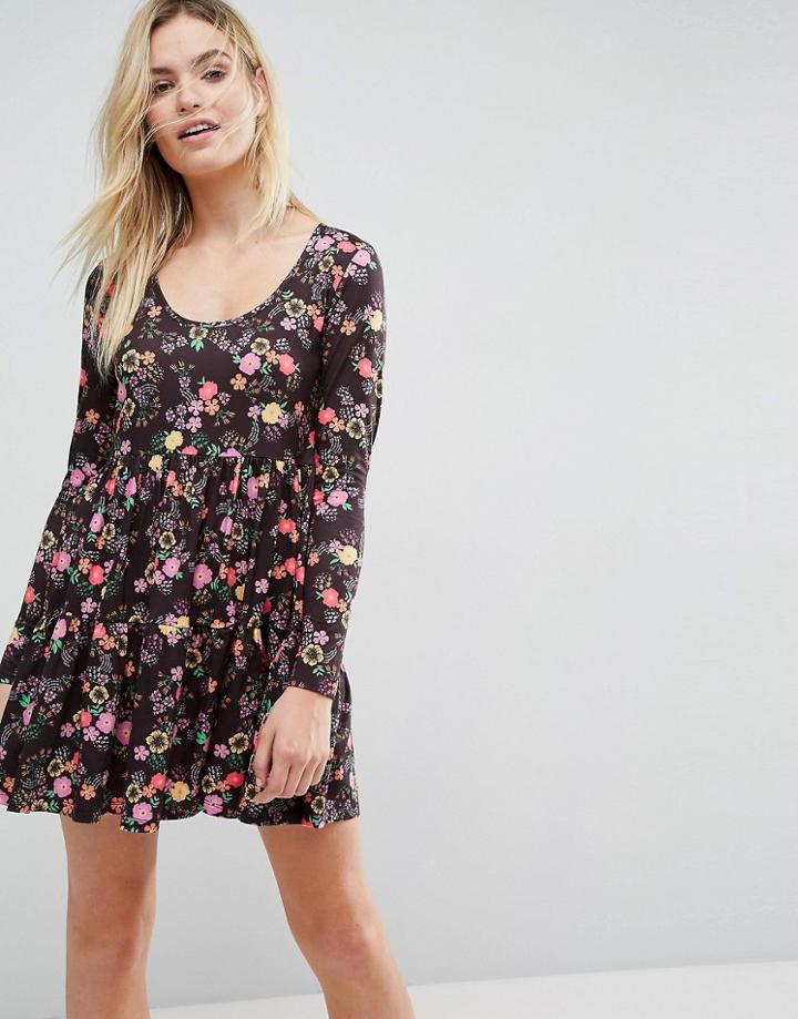 Asos Mini Smock Dress With Panels In Black Floral Print - Multi