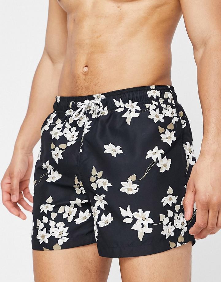 New Look Floral Print Shorter Length Swim Shorts In Black