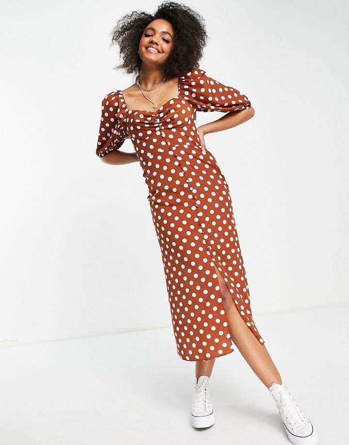 Asos Design Button Through Midi Tea Dress In Rust Dot-multi
