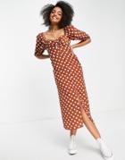 Asos Design Button Through Midi Tea Dress In Rust Dot-multi