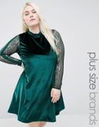 Club L Plus Velvet Swing Dress With Lace Sleeves - Green