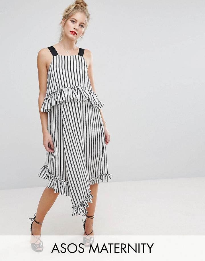 Asos Maternity Midi Dress With Ruffle Detail And Grosgrain Straps In Mono Stripe - Multi