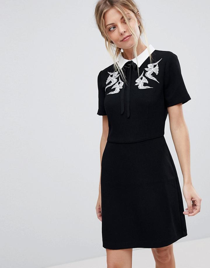 Oasis Bird Embroidered Collar Skater Dress - Black