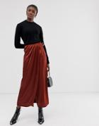 Asos Design Satin Wrap Front Column Maxi Skirt - Red