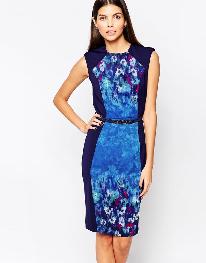 Little Mistress Wiggle Midi Dress In Water Paint Floral - Blue