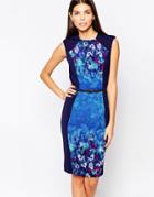 Little Mistress Wiggle Midi Dress In Water Paint Floral - Blue