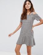 Daisy Street Gingham Dress With Cold Shoulder And Ruffle Hem - Red