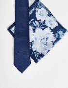 Asos Design Slim Tie And Pocket Square With Floral Design In Navy - Navy