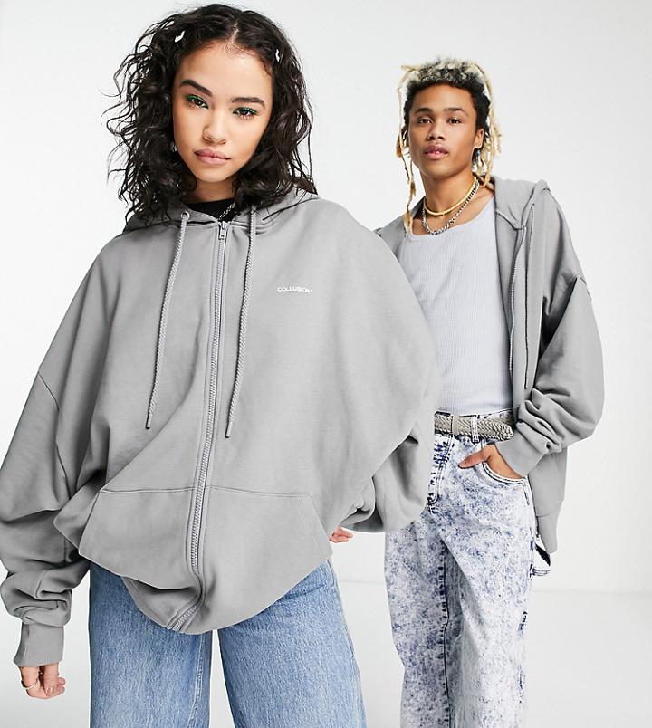 Collusion Unisex Oversized Heavyweight Zip Through Hoodie With Print In Gray