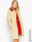 Asos Tall Coat In Borg With Contrast Faux Fur Collar - Stone
