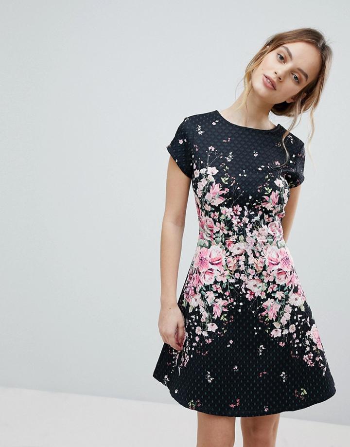 Lipsy Textured Midi Skater Dress With Floral Placement Trim - Multi