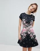Lipsy Textured Midi Skater Dress With Floral Placement Trim - Multi