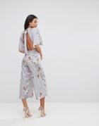 Hope & Ivy Floral & Bird Print Kimono Jumpsuit - Gray
