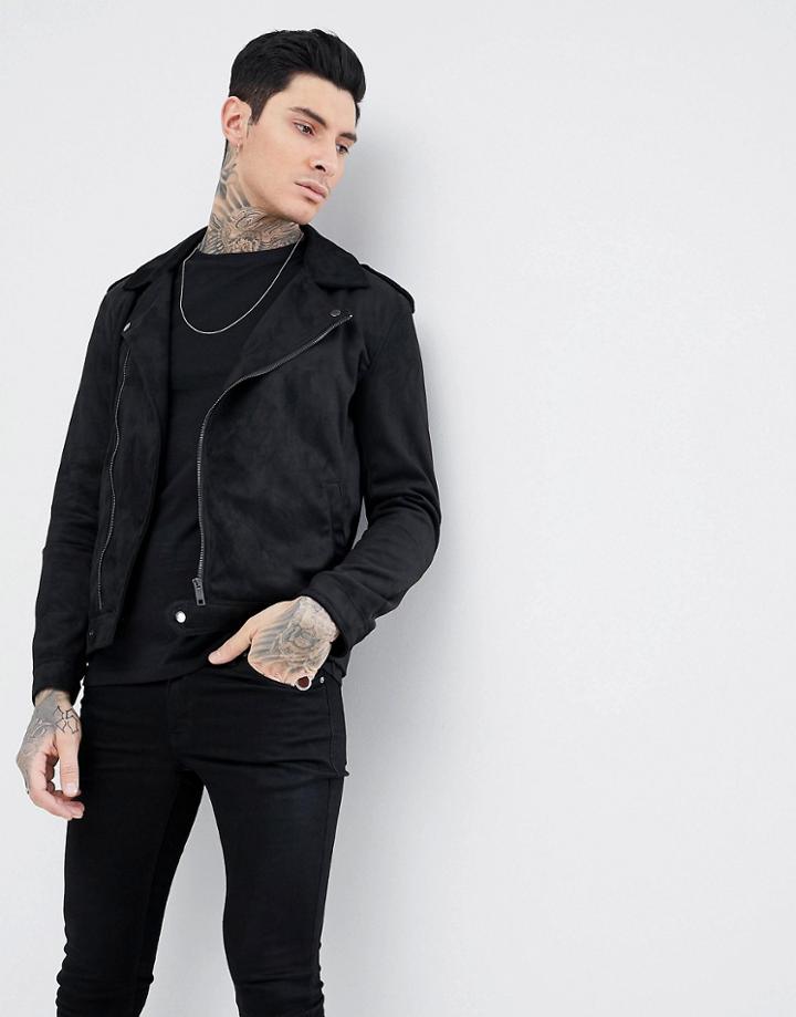 Process Black Black Faux Suede Biker Jacket - Black