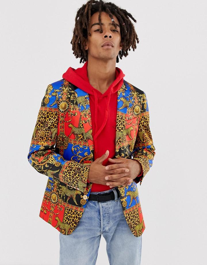 Asos Design Skinny Blazer In Gold Baroque Leopard Print - Blue