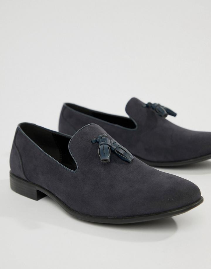 Asos Design Tassel Loafers In Navy Faux Suede - Navy