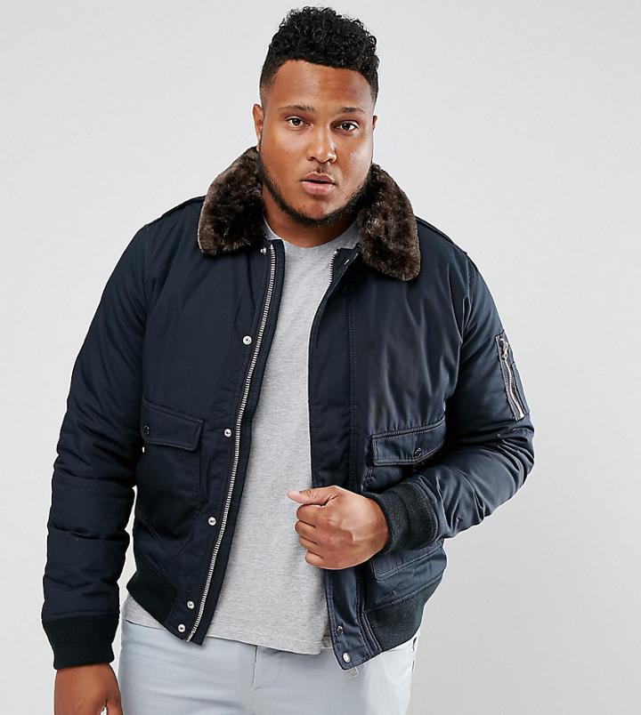 Schott Plus Air Bomber Jacket Detachable Faux Fur Collar Slim Fit In Navy/brown - Navy