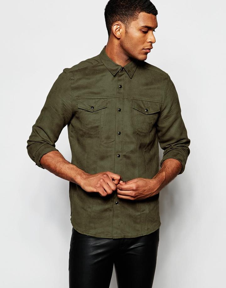 Asos Khaki Western Shirt In Suedette In Regular Fit - Khaki