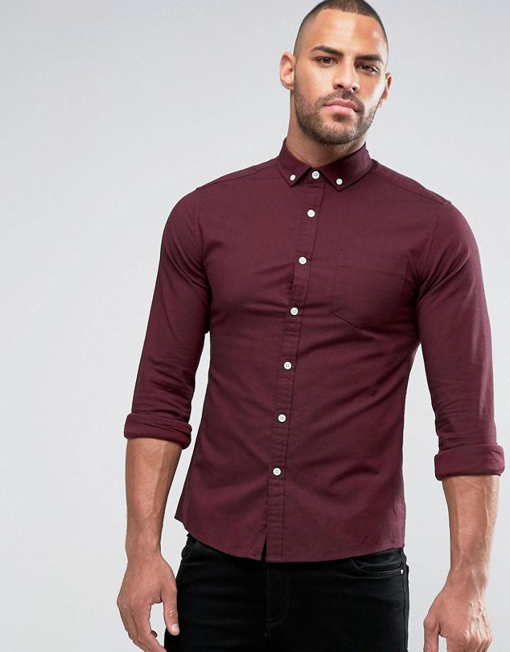 Asos Skinny Oxford Shirt In Burgundy - Red