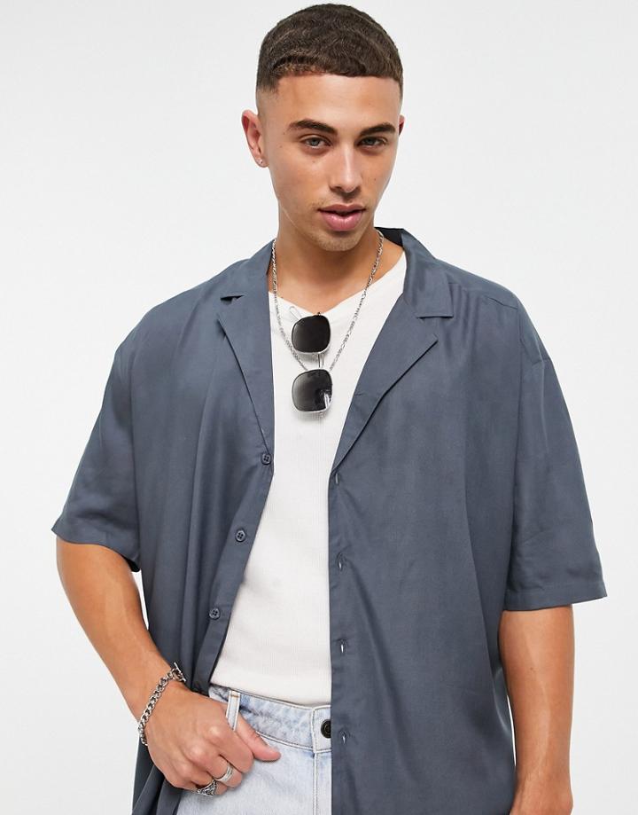 New Look Short Sleeve Shirt With Deep Revere Collar In Mid Gray-grey