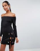 Asos Eyelet Mini Bardot Dress With Long Sleeve-black