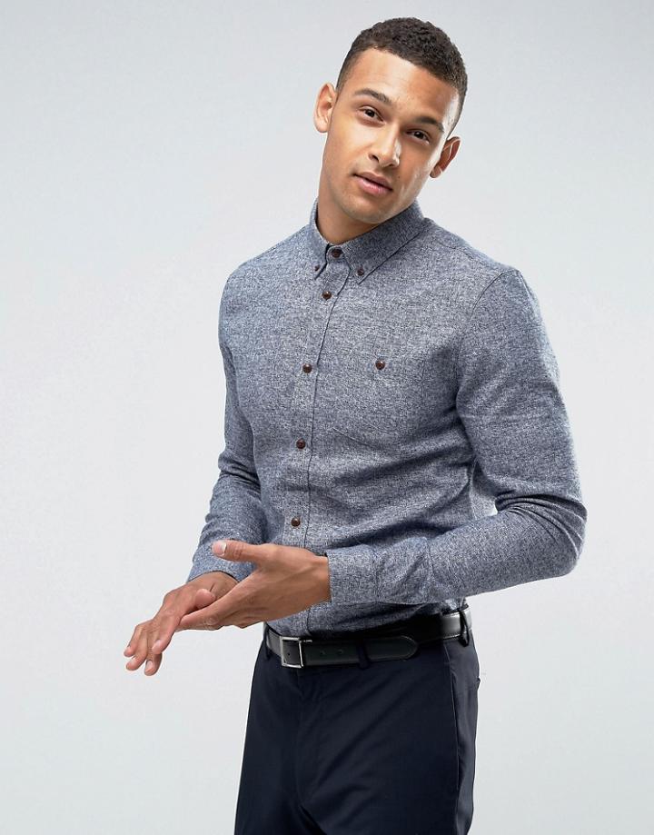 Threadbare Premium Flannel Fleck Slim Fit Shirt - Navy