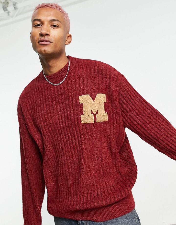 Mennace Oversized Knitted Sweater In Burgundy With Varsity Badge-red